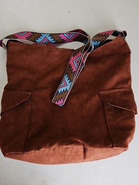 Brown Faux Suede Crossbody Bag with Aztec Strap